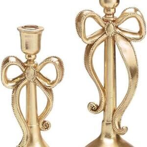 Home Décor Gold Aluminum 2pc Large & Small Bow Candle Holder Candleholder Taper